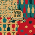 Set of seamless backgrounds with bottles and glasses for wine